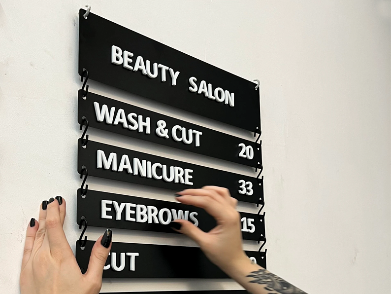 Designed for beauty salons, offices, and cafes, this magnetic wall menu allows you to easily change your listings.
