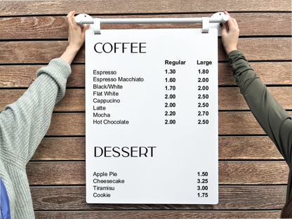 Customizable Design: This menu announcement sign offers customizable color and size options, allowing you to reflect your brand’s identity.

