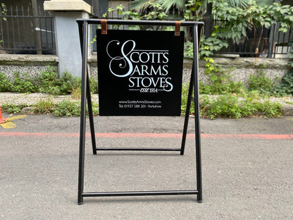 Double-sided printed or blank A-frame sidewalk sign is a perfect promotional tool for storefronts, cafes, or small businesses. Its durable and lightweight design makes it easy to transport and is ideal for displaying daily promotions or special announcements. Known as a ‘sidewalk sandwich sign’ or ‘storefront A-frame sign,’ this sign can be used both indoors and outdoors.
